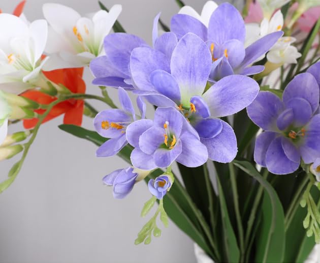 4pcs Freesias Flowers Artificial with Long Stem,24"Real Touch Dendrobium Plants Fake Orchid Leaves,Faux Larkspur Flowers for Outdoor Table Garden Party Wedding Bouquet Fillers,Patio Decor (Blue&White) - color: Blue&white