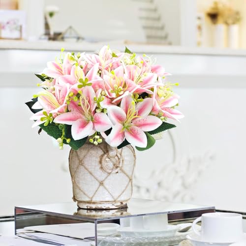 4 Bundles Artificial Tiger Lily Silk Flowers Faux Fake Lilies Plants for Wedding Bouquet Home Party Indoor Table Hotel Office Vases Floral Arrangements Outdoor Garden Decor (Pink) - color: Pink