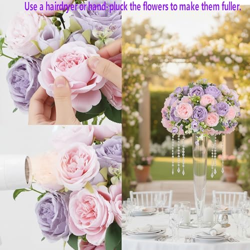 12 Bundles Peonies Artificial Flowers Bouquet, Lifelike Silk Fake Peonies with Stems for Home Table Centerpieces, Wedding, Party & DIY Bridal Floral Arrangements（Light Purple） - color: Light Purple