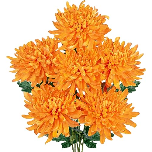 Briful 6 Pcs Orange Artificial Mums for Outdoors Fall – 25.6’’ Long Stem Faux Chrysanthemums, Large 6’’ Silk Fall Flowers for Wedding Bouquets, Centerpieces, Porch Décor, Indoor Home Decoration - color: Orange