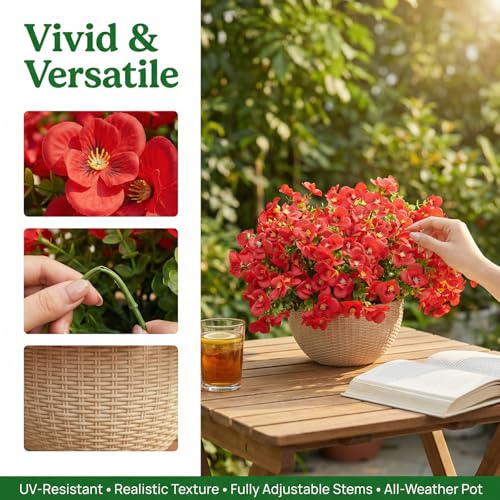 trytuny Artificial Flowers for Outdoor, Realistic Faux Plants for Outside Indoor Porch Patio Window Box Planter Home Decor (12pcs -red) - size: 12PCS - red
