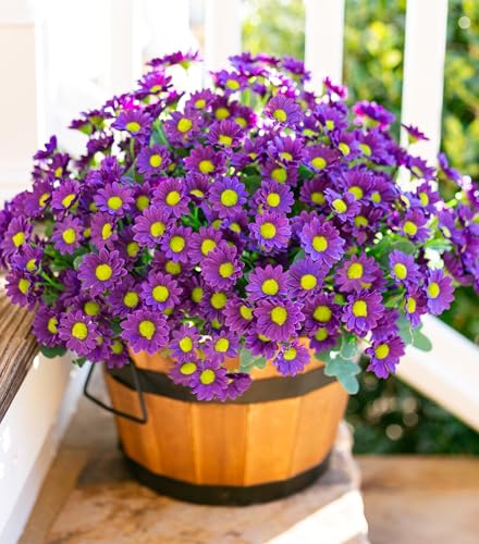 Daisy Artificial Flowers for Outdoors Decoration, 6 Bundles Fake Plants Flowers Bouquet Faux Flowers for Outdoor Planter Look Real UV Resistant Silk Flowers for Outside Front Door Porch Patio, Purple - color: Purple