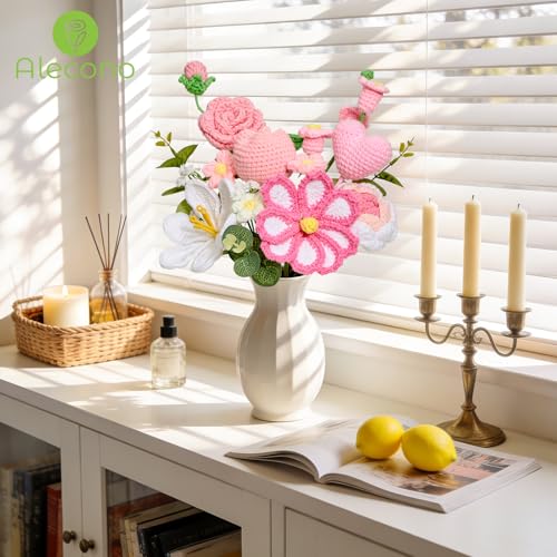 Alecono Large Crochet Flower Bouquet, Pink Knitted Flowers, Crochet Tulip Galsang Flower for Valentines Day Lover Anniversary Birthday Party Mother's Day Graduation Gifts (Include Card) - color: Pink, size: X-Large