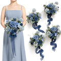 Ling's moment Artificial Bridesmaid Bouquets Set of 4,Navy Blue Wedding Flower Bouquets Dusty Blue Rose Floral Bouquet Bridal Bouquets with Ribbon,Ceremony,Anniversary,7-inch Diameter - color: Blu-navy Blue & Dusty Blue
