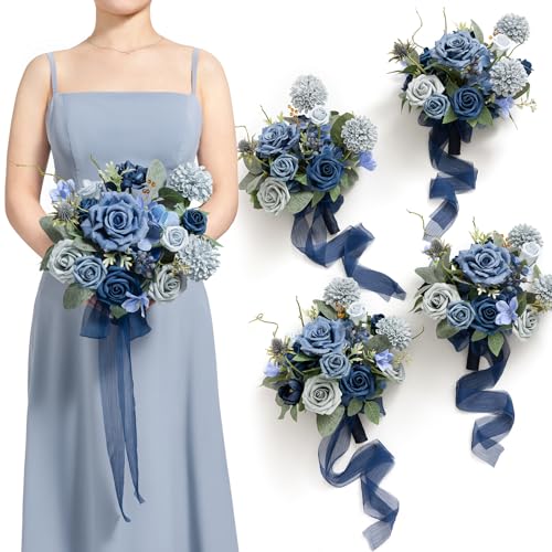 Ling's moment Artificial Bridesmaid Bouquets Set of 4,Navy Blue Wedding Flower Bouquets Dusty Blue Rose Floral Bouquet Bridal Bouquets with Ribbon,Ceremony,Anniversary,7-inch Diameter - color: Blu-navy Blue & Dusty Blue
