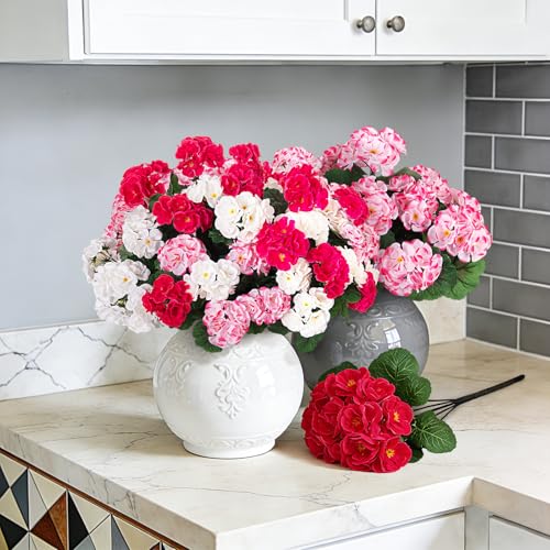 Ammyoo Artificial Geranium Flowers for Outdoors Decoration, 6 Pcs Fake Silk Geraniums Flower UV Resistant Look Real Faux Plants for Spring Garden Porch Planter Yard Table Centerpieces Decor - color: Pinkwhiterose-red