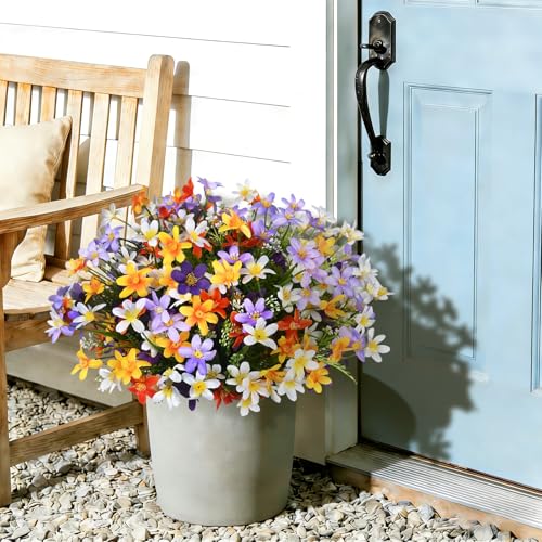 Ammyoo 12 Bundles Artificial Spring Summer Flowers Outdoor Decorations Fake Plants, Realistic Silk Floral Garden Porch Faux Flowers for Outside Planters Decoration(Orange Purple White) - color: Orange Purple White No Basket