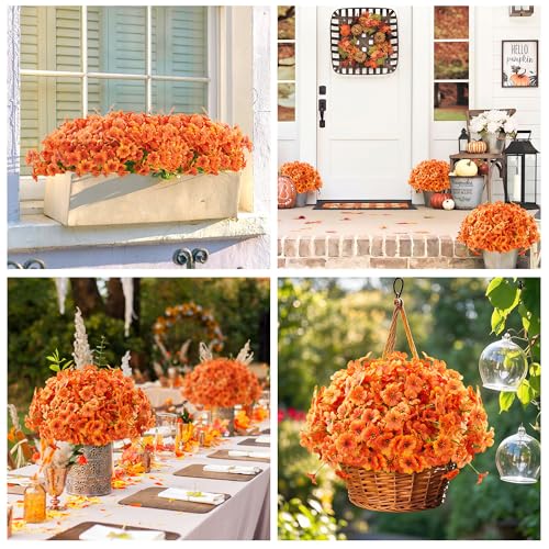 16 Bundles Orange Artificial Flowers for Outdoors Artificial Mums for Outdoor Porch Window Box Thanksgiving Decor - color: Orange, size: 15inches-16pcs