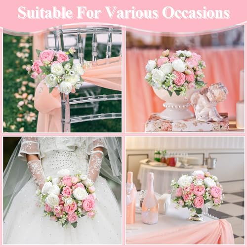 Crowye 4 Bundles Peonies Artificial Flowers Silk Faux Peonies Wedding Artificial Flower Bouquet for Table Centerpiece for Home Wedding Decor Bridal Floral Arrangement(White, Light Pink) - color: White, Light Pink