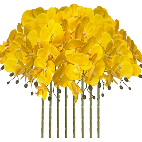FagusHome 8 Pcs Artificial Phalaenopsis Flowers 32 Inch Artificial Orchid Flowers Fake Flowers Stem Plants for Home Décor (Yellow) - color: Yellow