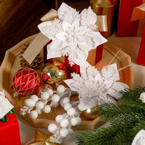 Alupssuc 24 Pieces Christmas Tree Decorations, 12 PCS White Poinsettia Flowers Artificial and 12 PCS Glitter Christmas Tree Picks for Christmas Decorations Party Wreath Fireplace Stairs, White - color: White