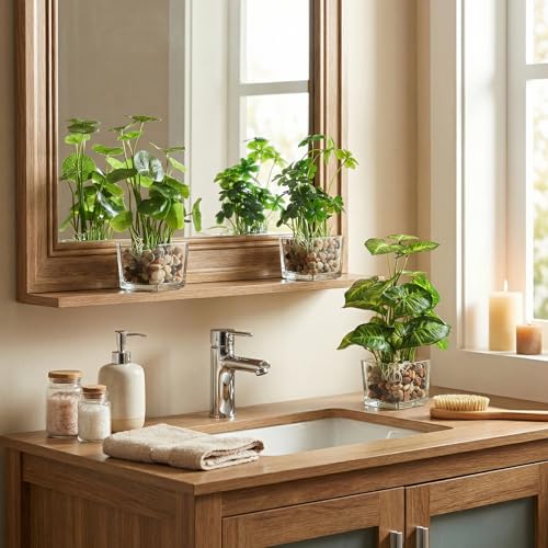 MyGift Set of 3 Fake Plants, Small Artificial Potted Plants Indoor in Clear Glass Pot, 9.5 Inch Faux Plant for Home Decor - color: Clear (Earth Tone Pebbles)