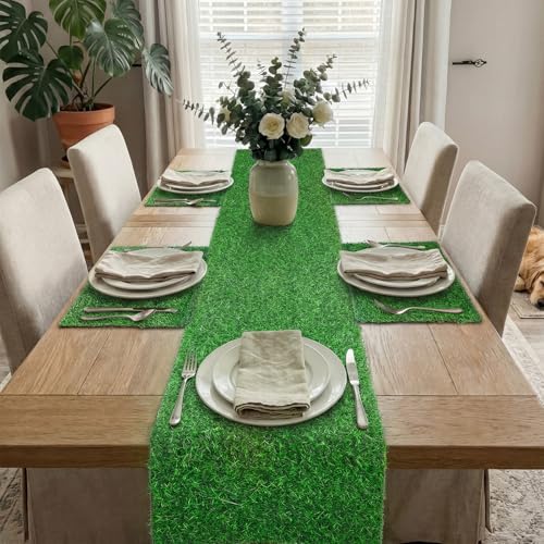 7 Pcs Artificial Grass Table Runner Set 12" x 36" Faux Grass Table Runner 12" x 12" Green Square Placemats Washable for Golf Themed Party, Dining Decorations, Wedding, Turf Patch DIY Craft