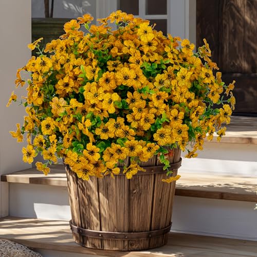 AXYLEX Artificial Fall Flowers for Outdoors Fake Mums - 16 Bundles Faux Plants Outside Greenery Boxwood No Fade Plastic Shrubs Decor Farmhouse Home Garden Thanksgiving (Yellow) - color: Yellow