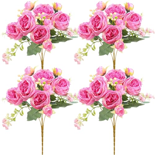 Crowye 4 Bundles Peonies Artificial Flowers Silk Faux Peonies Wedding Artificial Flower Bouquet for Table Centerpiece for Home Wedding Decor Bridal Floral Arrangement(Pink) - color: Pink