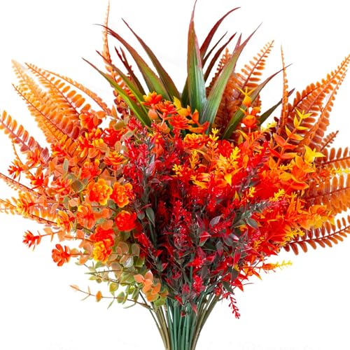 Pack of 9 Artificial Autumn Flowers, Artificial Flowers, Autumn Decoration, Autumn Plants, Shrubs, Plastic Flowers, Autumn Plant Flowers for Indoor, Outdoor, Table, Balcony Box, Flower Box