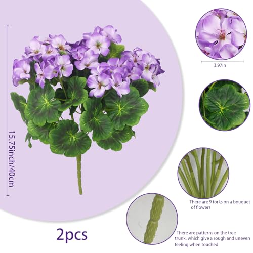 2 Pcs Artificial Geraniums for Outdoors Silk Cemetery Flowers Purple Faux Flowers Geraniums for Planter Outdoor Garden Patio Grave Cemetary Vase Centerpiece Indoor Porch Decor - color: Purple 2