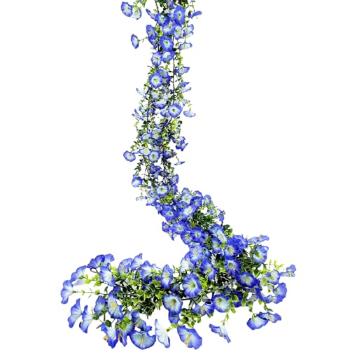 Artificial Flowers Garland 2PCS Blue Artificial Silk Morning Glory Vine Artificial Flowers Hanging Eucalyptus Garland for Wall Fence Arch UV Protected Indoor Outdoor Decor - color: Blue