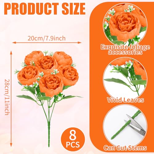 8 Pack Orange Peonies Artificial Flowers, Fall Fake Silk Hydrangea Bouquet for Bridal Wedding Home Table Decor Reusable Dining Opening Ceremony Birthday Arrangement Faux Floral - color: Orange