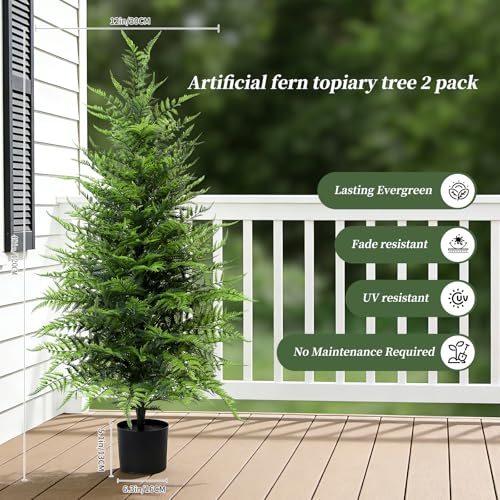 Grooy Artificial 4FT Fern Topiary Trees, Set of 2 Potted Realistic Boston Fern Plants Shrub, Fake UV Resistant Evergreen Bushes Tree for Porch Garden Indoor Outdoor Decor - color: Green Fern Tree