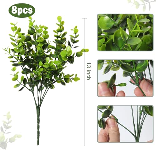 RECUTMS 8 Bundles Artificial Bushes Greenery Plants Stems Faux Shrubs Boxwood Plants Outdoor Fake Eucalyptus for Spring Summer Farmhouse Home Office Wedding Backyard Graduation Indoor Decor(Green) - color: Green, size: 8 Pcs