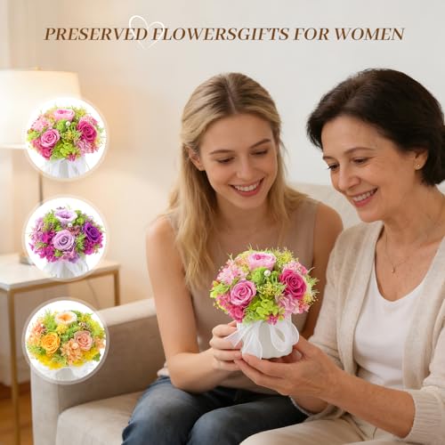 Preserved Flower Bouquet with Vase for Delivery Prime | Natural Forever Rose Gift For Women (Yellow & Champagne Eternal Floral Arrangement) - color: Champagne