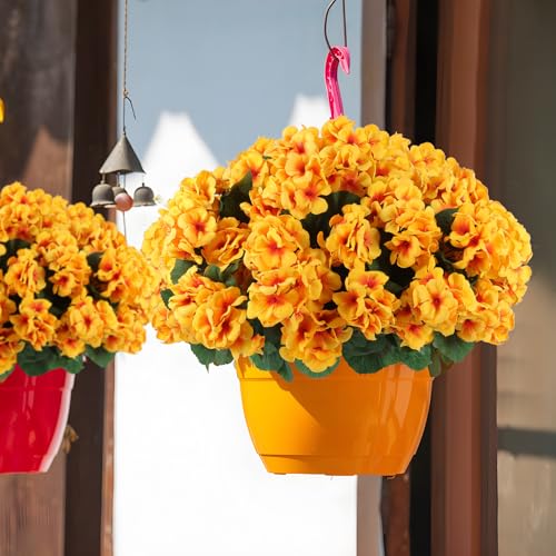 Hananona 12 Pcs Artificial Geranium Flowers for Outdoors Geranium Silk Flowers Outdoor UV Resistant Garden Plants Faux Flowers for Home Kitchen Table Centerpieces Decor (12, Yellow) - color: Yellow