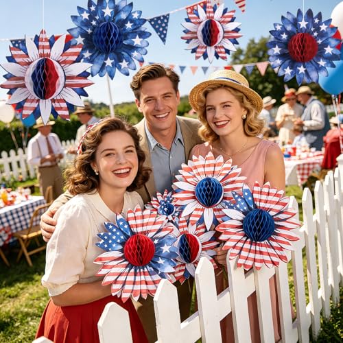 Paper Jazz 4th of July Decorations Paper Flower American Flag Red White and Blue Decor for Presidents Day,Patriotic Decoration Haning Paper Honeycomb for Veterans Day, Independence Day Birthday Party - color: blue And White