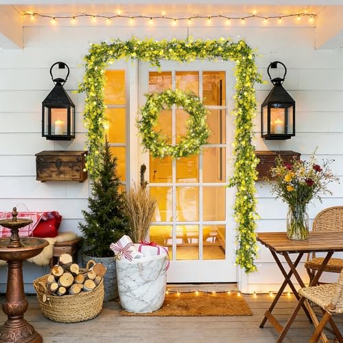 RECUTMS 3 Pcs Green Garland with Lights Fern Hanging Light Fake Hanging Vines Spring Garland with Lights Green Leaf Vines for Spring Home Wall Mantel Party Wedding Fireplace Decoration(Yellow) - color: Yellow With Lights