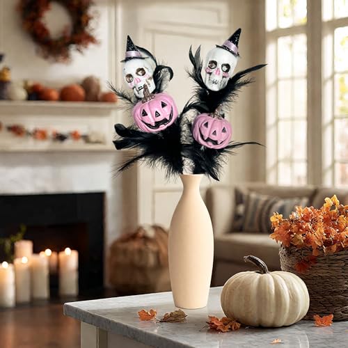 4PCS Halloween Decoration Pumpkin Artificial Floral Picks, Pink Pumpkin Skull Feather Halloween Branches Decorations for Vase Home Indoor Party Décor - color: Pumpkin & Skull 4pcs