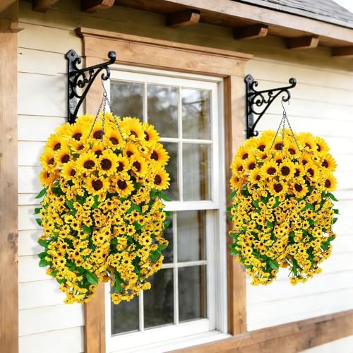 Zythrem 2 Set Artificial Flower Hanging Baskets Fake Sunflower Baskets Outdoor UV Resistant Fake Hanging Plants Baskets for Front Porch Patio Garden Yard Home Spring Summer (Yellow) - size: 27in