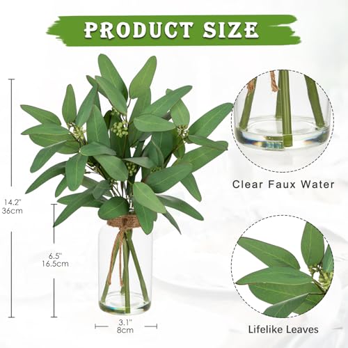 Briful Artificial Eucalyptus Stems in Clear Glass Vase with Faux Water, 14" Fake Plant Eucalyptus Leaves for Home Office Farmhouse Wedding Centerpiece Décor - color: Green Long