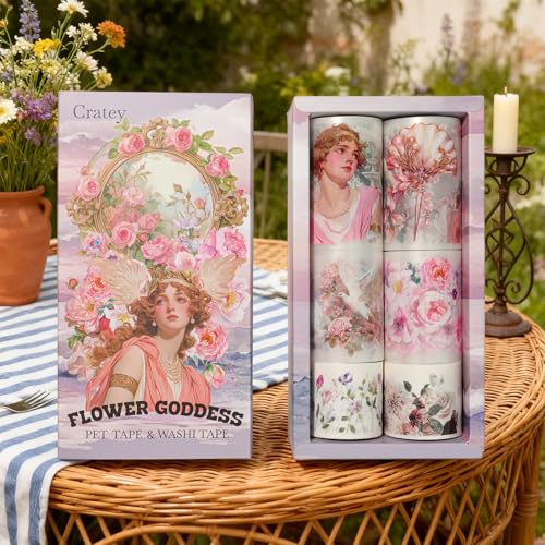Pre-Cut PET Tape Stickers, Pet Washi Tape Set for Journaling - 4 Rolls PET & 2 Rolls Washi Tape, Greek Goddess Style with Renaissance Women & Architecture - color: Goddess