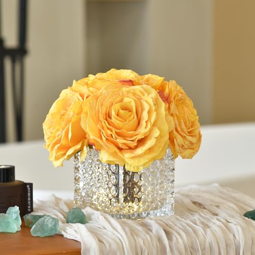 Artificial Rose in Glass Vase Vintage Silk Flower Arrangement with LED Light for Table Centerpiece Home Wedding Decoration (Golden Yellow) - color: Golden Yellow