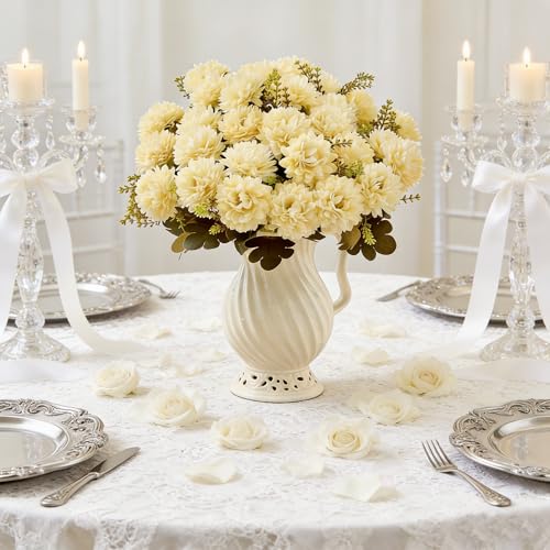 18 Heads Cream White Artificial Chrysanthemum Flowers Fake Mums White Kiku Ball Flowers Bouquet Silk Chrysanthemums for Indoor Outdoor Table Centerpiece Vase Wedding Decoration, 2 Pcs - color: Creamy White Chrysanthemum