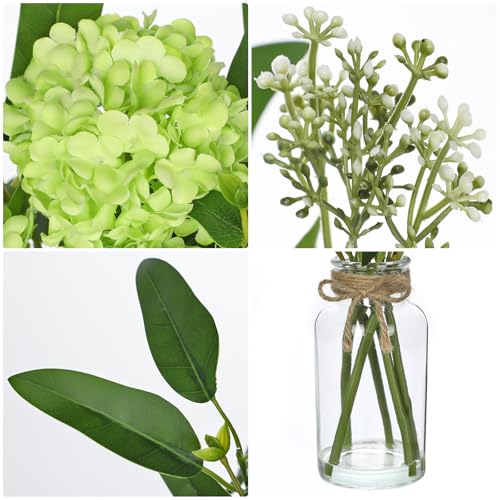 Hollyone Green Hydrangea Artificial Flowers in Clear Glass Vase with Faux Water Silk Hydrangeas Fake Flowers Floral Arrangement for Home Bathroom Kitchen Office Table Centerpiece Shelf Decorations - color: Green
