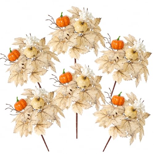 6 Pcs Fall Pumpkin Floral Picks, Artificial Maple Leaf Berry Stems, Thanksgiving Wreath Centerpiece Vase DIY Decorations - color: Red Yellow