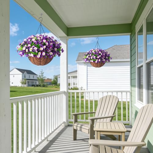 Ammyoo Artificial Hanging Flowers 12 inch Basket, Faux Silk Petunias Flower Arrangement,Coconut Lining Pot Planter with Morning Glories Patio Garden Porch Deck Spring Summer Decor(Purple Edge) - color: Purple Edge