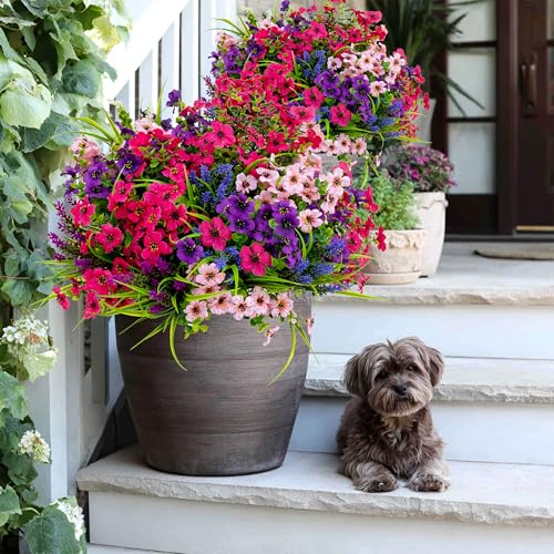 AXYLEX Artificial Flowers for Outdoors, 16 Bundles Fake Plants (Mixed) | UV resistant faux plastic flowers, no fade artificial greenery – garden, patio, porch & home - color: Mix White Purple Pink Lavander