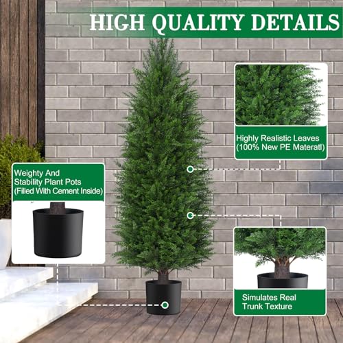 AOKIIE 5FT Artificial Cedar Topiary Trees UV Protection for Outdoor 2PCS | 60 Inch Tall UV Protection Fake Cypress Trees for Outdoors, Potted Pine Plants for Patio, Porch, Home, Doorway Decor - size: 5FT