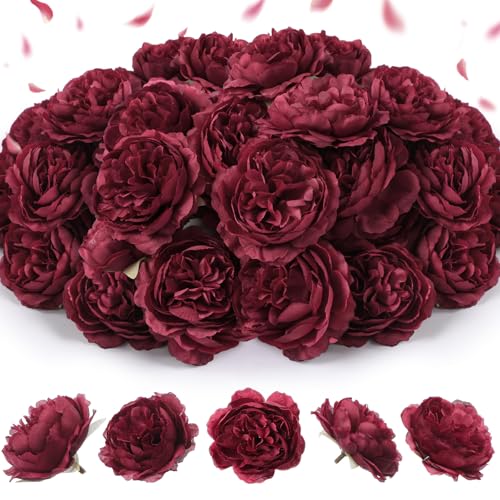 Thiccywoov 50 Pcs Artificial Flowers, 3.2 Inches Silk Rose Head Flowers Fake No Stem for Wedding Bridal Bouquet Home Floral Decor DIY Centerpieces Arrangements Party Tables Decoration(Burgundy) - color: Burgundy
