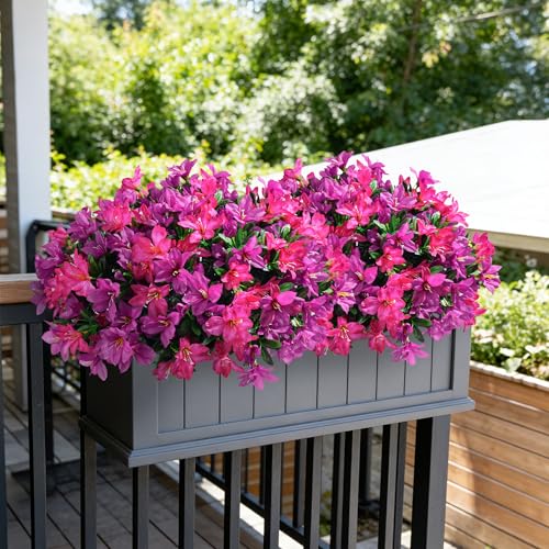 INSPRING Artificial Flowers Fake Plants for Outdoors Spring Summer Decoration, 3 Bundles Faux Silk Azalea UV Resistant Outdoor Flowers Realistic for Planters Outside Patio Porch Garden Home Decor, Mix - color: Fuchsia + Hotpink