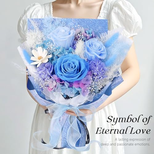 Preserved Flowers Bouquet 3 Roses - Blue Real Rose & Flowers for Delivery, Long-Lasting Flower with Gift Box, Eternal Roses Bouquet for Mothers, Mom, Wife Anniversary Birthday Gifts for Women and Men - color: Blue