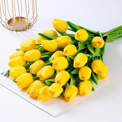 Sggvecsy 30 Pcs Fake Tulips Artificial Flowers Real Touch PU Faux Flowers Tulip Stems for Wedding Spring Bouquet Floral Arrangement Home Party Office Decorations for Mother's Day (Dark Yellow) - color: Dark Yellow, size: 30 Pcs