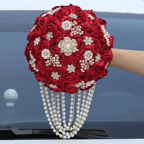 Handmade Satin Rose Water Drop Bridal Bouquet,8.7inch Crystal Wedding Round Tossing Bouquet,Jewelry Proposal Bridesmaid Bouquet Groom Corsage Bride Wrist Flower Ivory (26#red) - color: 26#red
