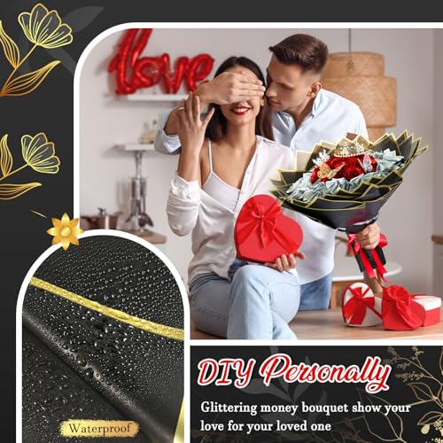 XunYee Bouquet Kit 20 Sheet Flower Wrapping Paper 100 Pcs Bamboo Skewers Floral Foam Blocks for Anniversary Birthday Gift Graduation Mother's Day(Black) - color: Black