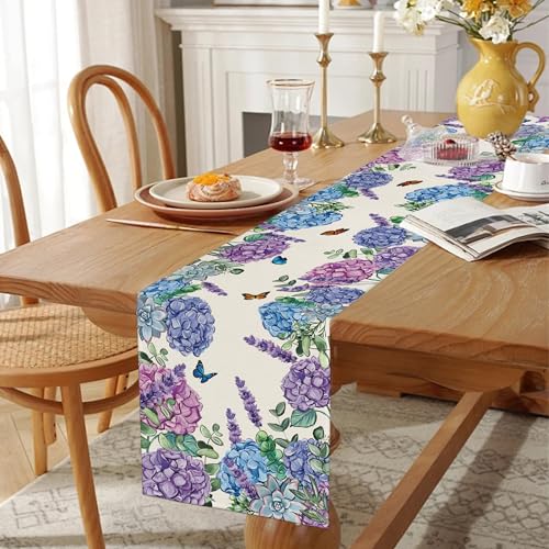 Spring Hydrangea Floral Table Runner Farmhouse Burlap Butterfly Flowers Seasonal Outdoor Summer Home Dining Centerpiece for Home Decor 13x72 Inch - color: Hydrangea, size: 13x72inch