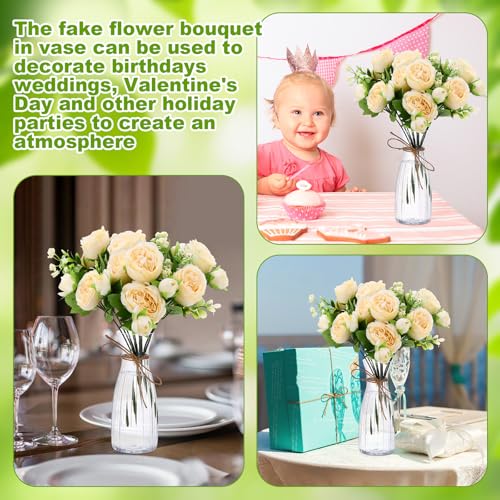 Thiccywoov 19 Pack Artificial Peony Flowers with Vase Bulk, 12 Bundles Faux Peony Bouquet 6 Vase with 1 Rope Silk Flower Arrangement Wedding Table Centerpiece for Wedding Bridal Shower(Champagne) - color: Champagne