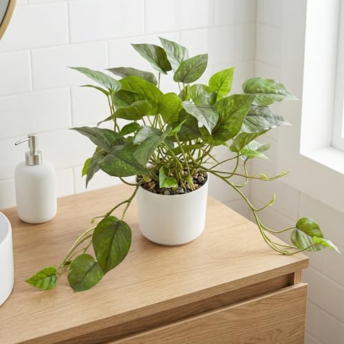 Artificial Plants Faux Pothos with Plastic White Pot Artificial Potted Plant for Home Office Bedroom Indoor Outdoor Decor 1 Pack(Dark Green)