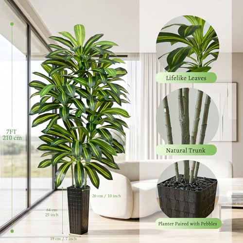 Artificial Dracaena Tree - 7FT Tall Fake Plants with Black Square Planter - Artificial Plants Indoor Floor Plant in Pot - Large Tropical Fake Yucca Potted Tree for Home Office Living Room Decor - color: Black, size: 7 FT